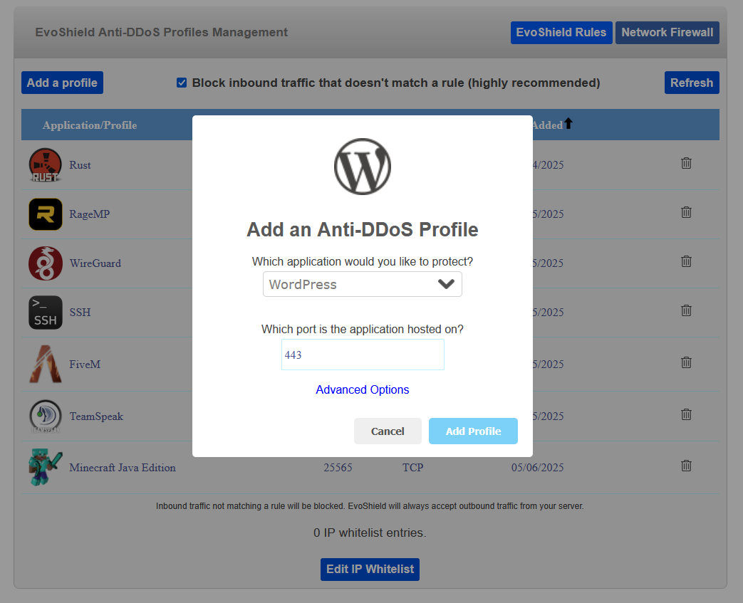 Add a WordPress DDoS protection profile via the EvoShield panel Adding a WordPress DDoS protection rule
