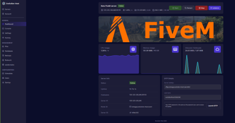 FiveM server control panel showing server status, start and stop controls, and resource management