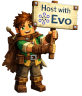 Hytale character holding a sign that says 'Host with Evo'