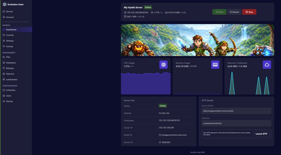 Game server control panel showing server status, start/stop controls, and file management