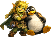 Linux Tux arm-in-arm with Hytale character